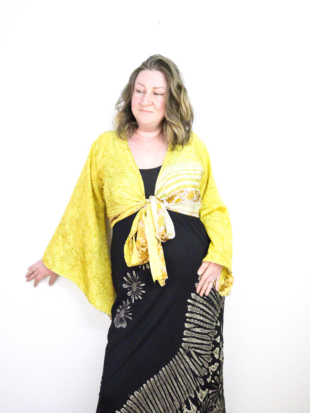 Recycled Sari Cropped Kimono Cardigan Wrap - Yellow