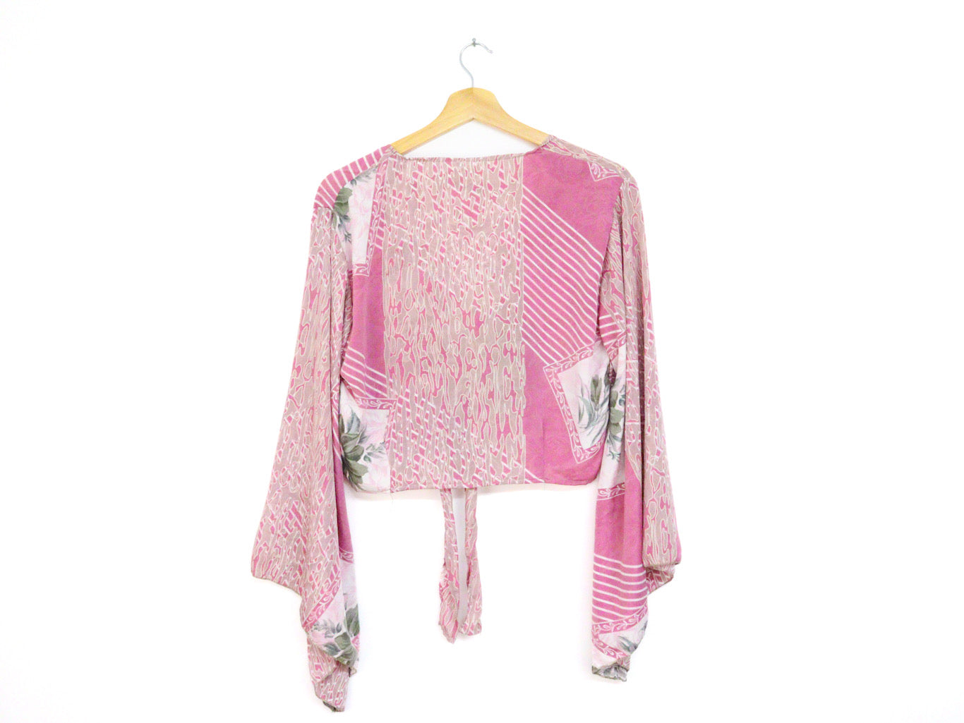 Recycled Sari Cropped Kimono Cardigan Wrap - Pink Flowers