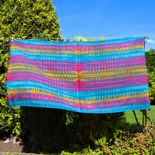 Tie-Dye Sarong / Scarf / Throw - Blue, Yellow and Pink Stripes