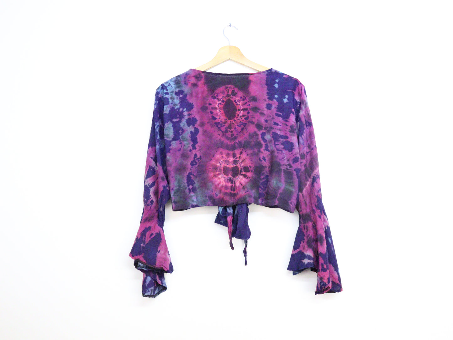Tie-Dye Cropped Cardigan Wrap with Flared Bell Sleeves and Tie Closure - Indigo Blue - Bare Canvas