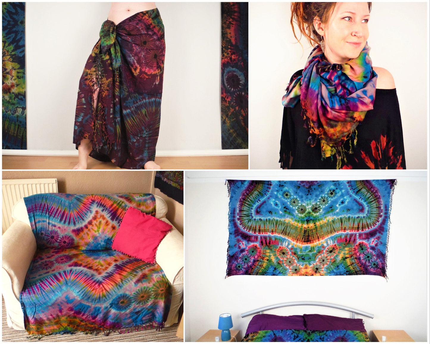 Tie-Dye Sarong / Scarf / Throw - Blue, Yellow and Pink Stripes