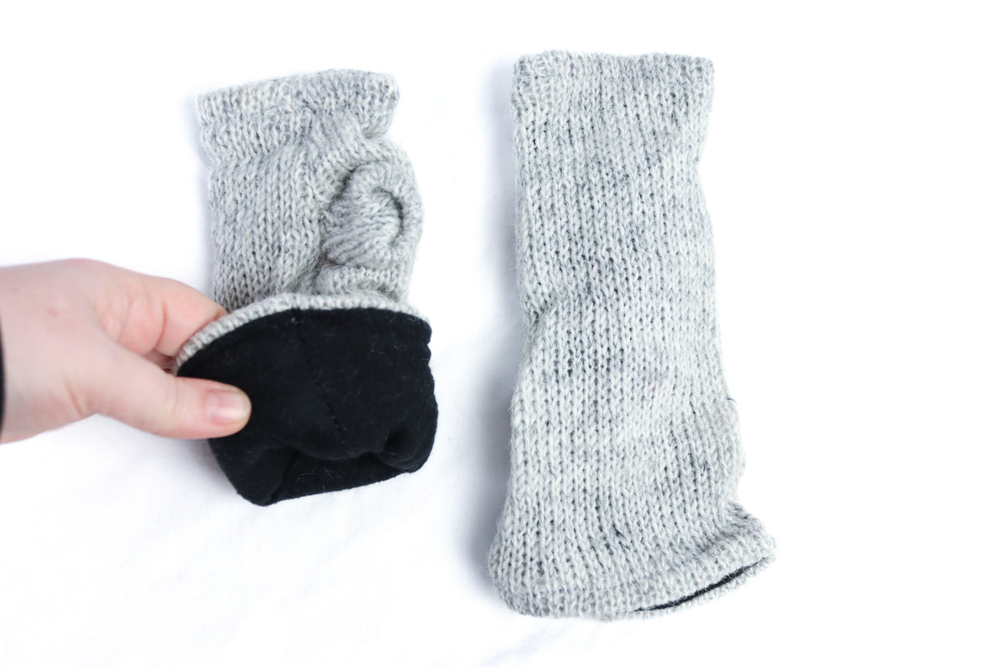 Fleece Lined Knitted Wrist Warmers - Light Grey