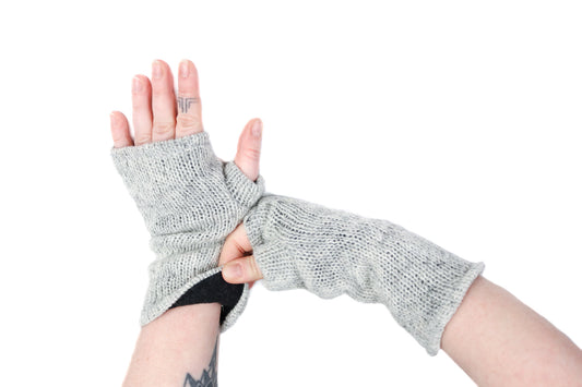 Fleece Lined Knitted Wrist Warmers - Light Grey