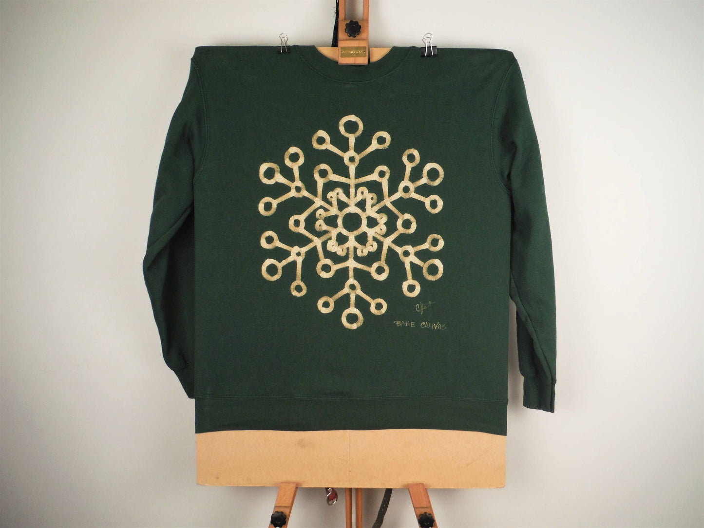 Hand Painted Bleach Geometric Snowflake Sweatshirt - Forest Green Small - Bare Canvas