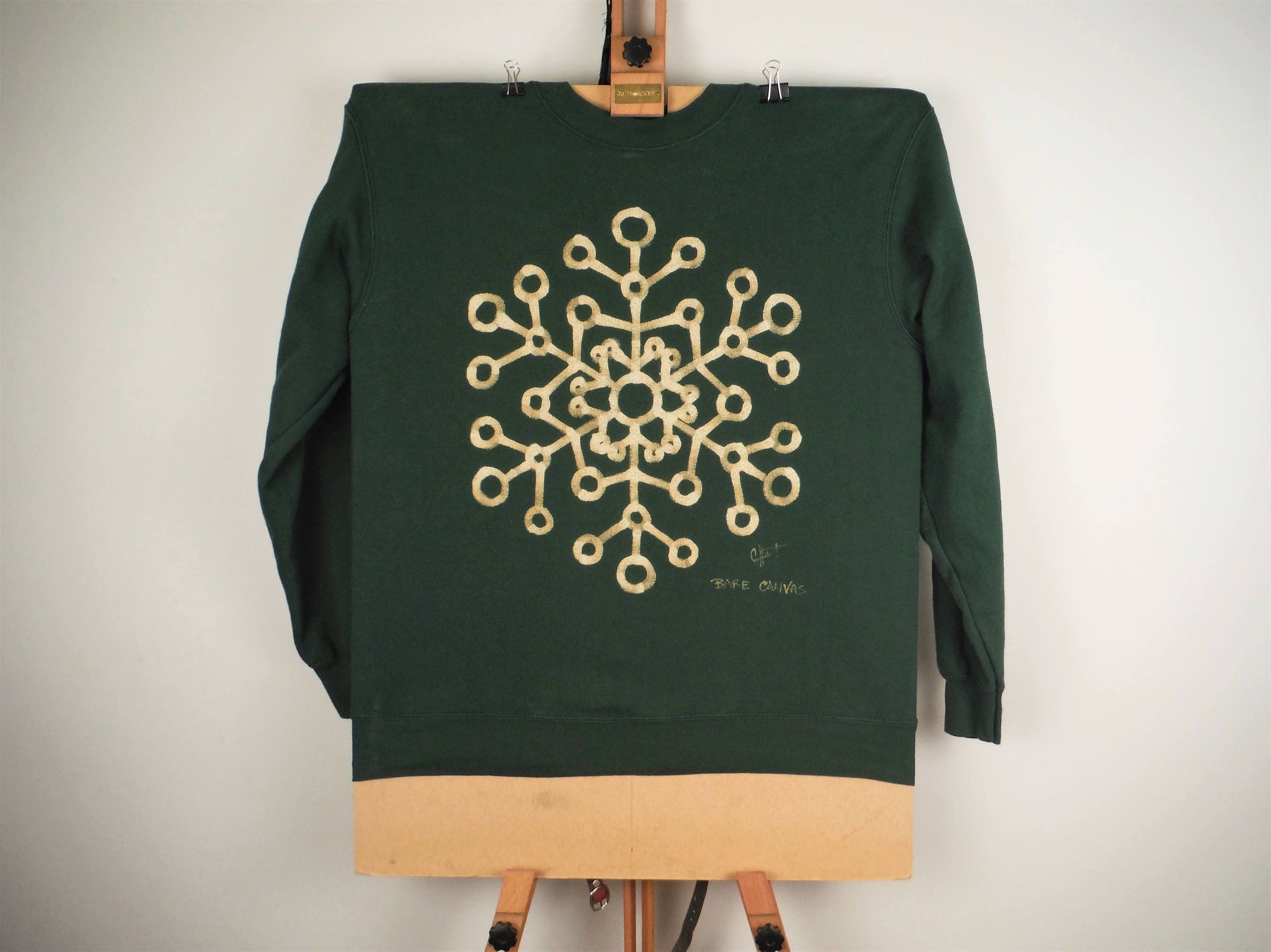Hand Painted Bleach Geometric Snowflake Sweatshirt - Forest Green Small - Bare Canvas