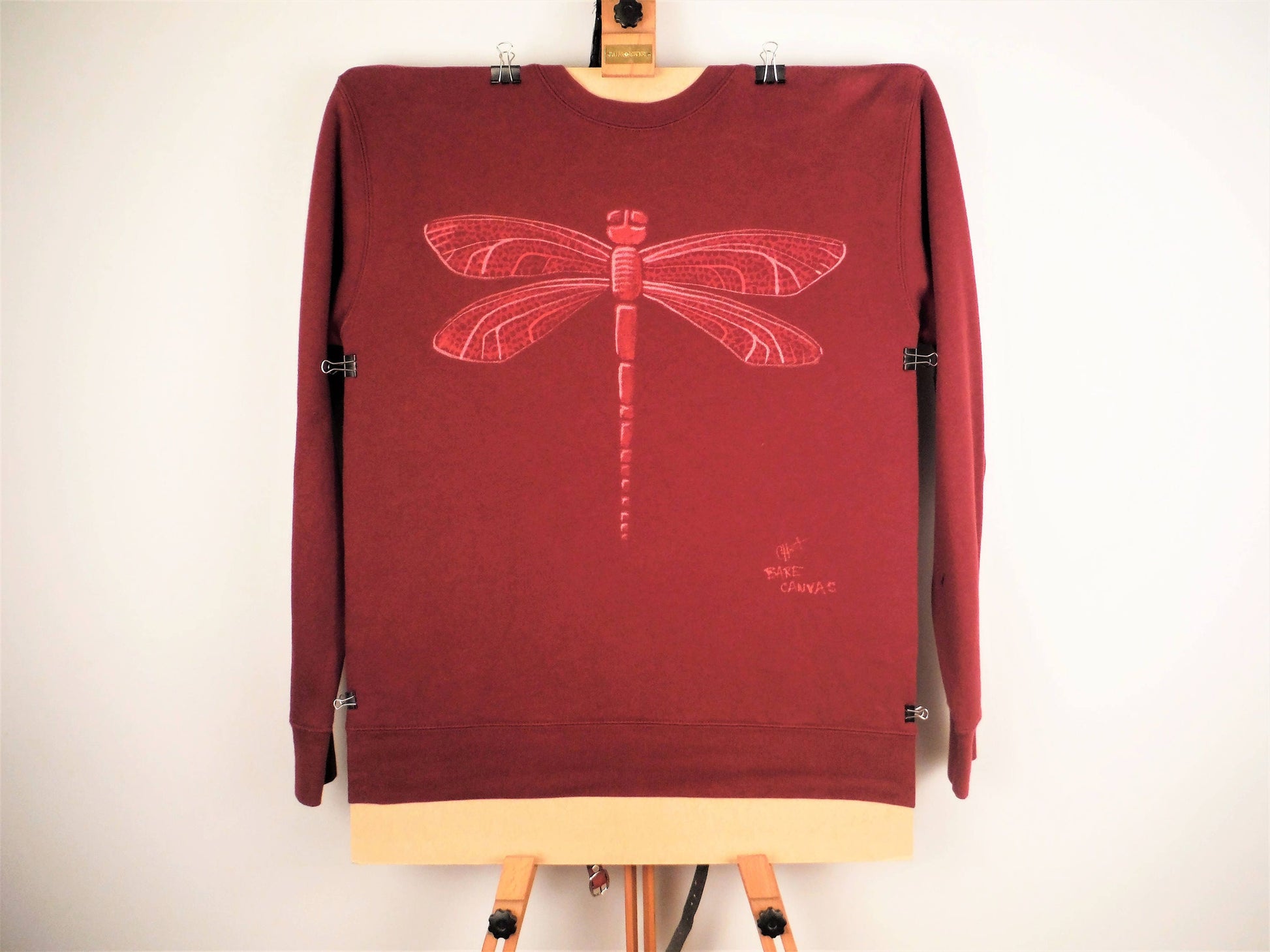 Hand Painted Bleach Art Dragonfly Sweatshirt - Wine Red (Small) - Bare Canvas