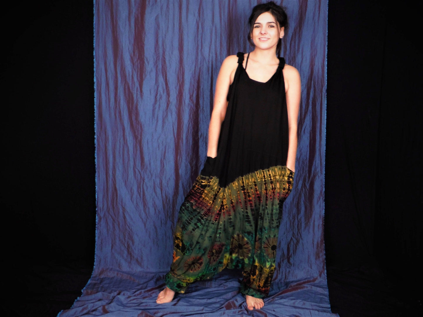 Half Tie-Dye Harem Dungarees - Black and Moss Green - Bare Canvas
