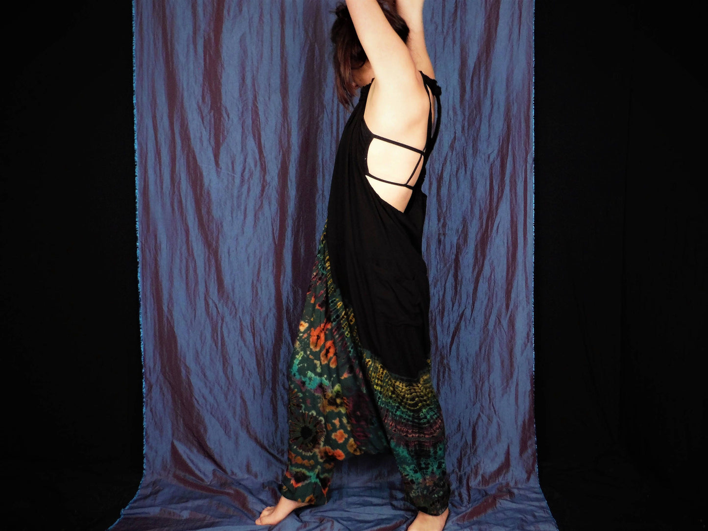 Half Tie-Dye Harem Dungarees - Black and Forest Green - Bare Canvas