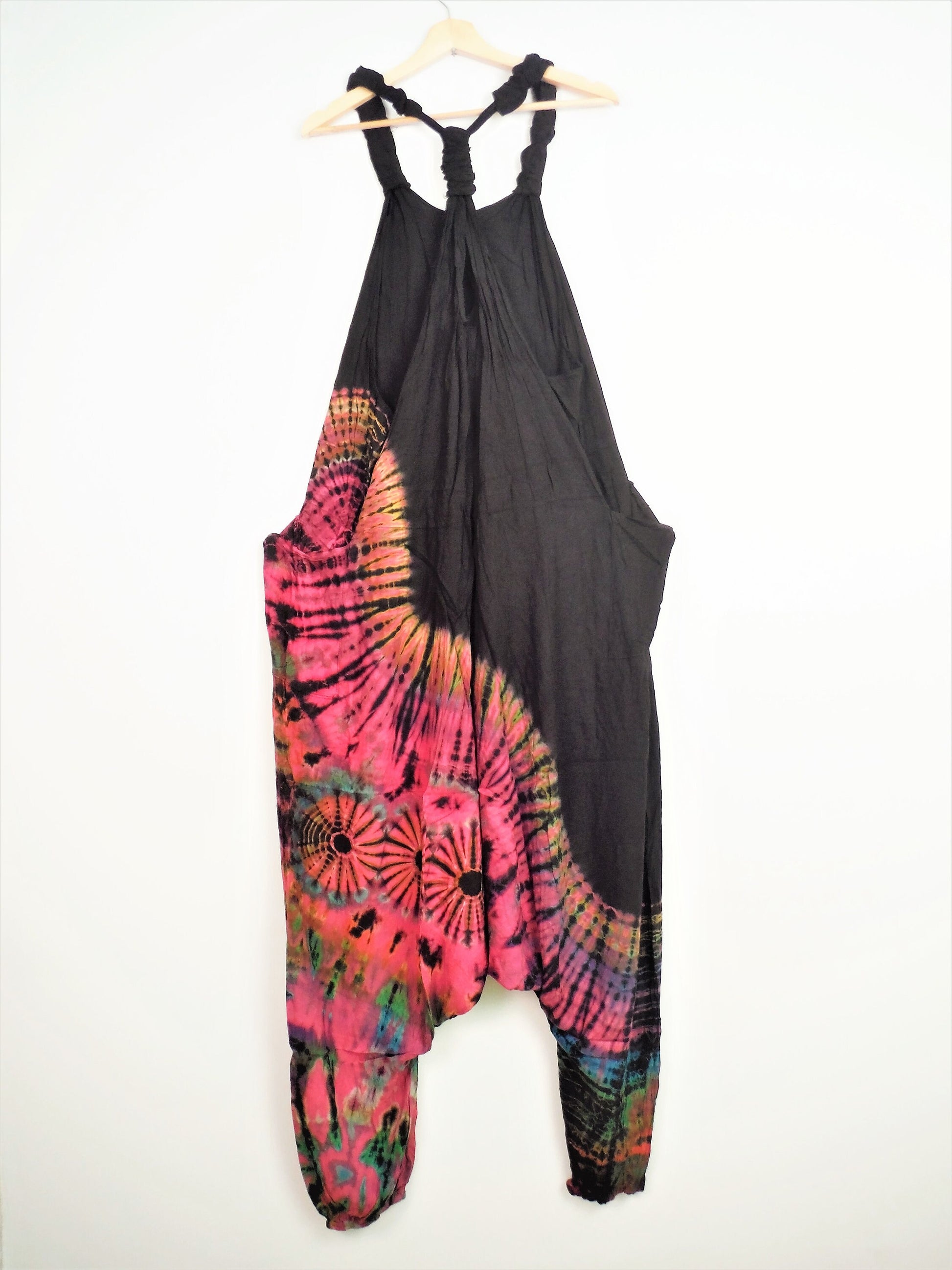 Half Tie-Dye Harem Dungarees - Black and Hot Pink - Bare Canvas