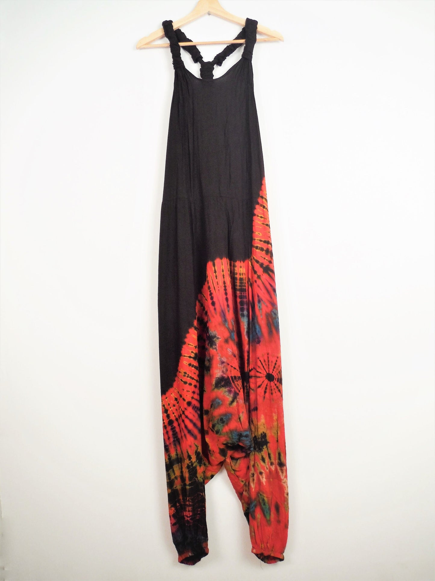 Half Tie-Dye Harem Dungarees - Black and Bright Red - Bare Canvas
