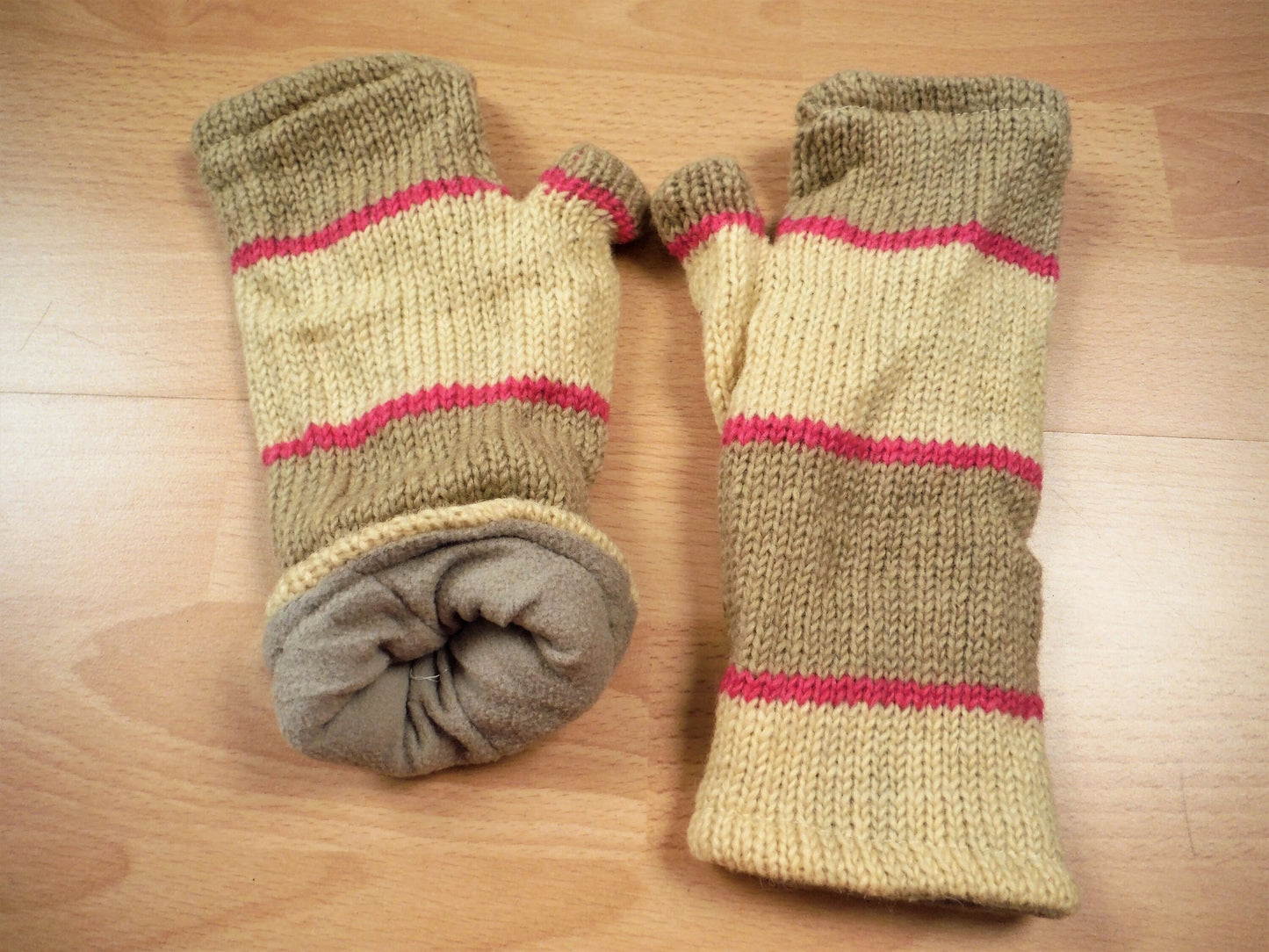 Fleece Lined Knitted Wrist Warmers - Cream and Pink Striped (Loose Fit) - Bare Canvas