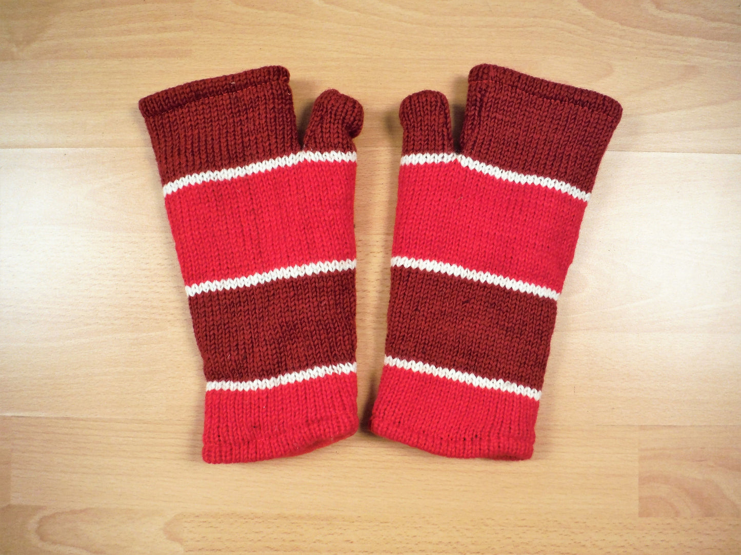 Fleece Lined Knitted Wrist Warmers - Red and White Striped (Loose Fit) - Bare Canvas