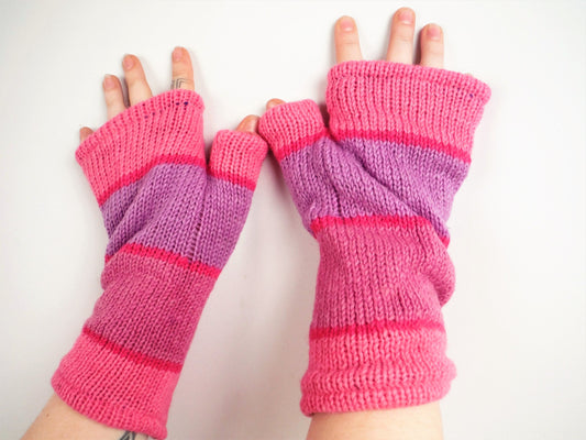 Fleece Lined Knitted Wrist Warmers - Pink and Purple Striped (Loose Fit) - Bare Canvas