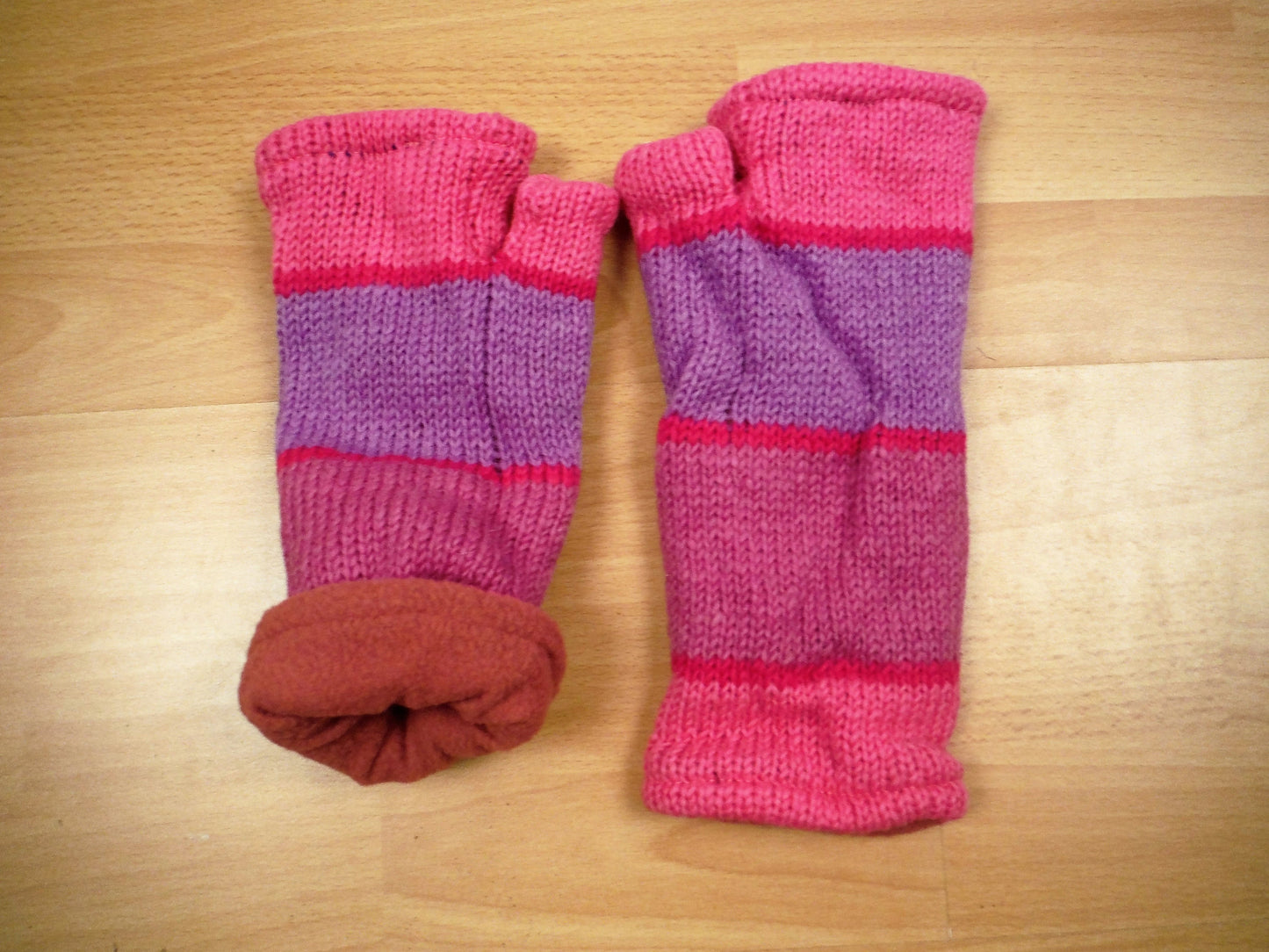 Fleece Lined Knitted Wrist Warmers - Pink and Purple Striped (Loose Fit) - Bare Canvas