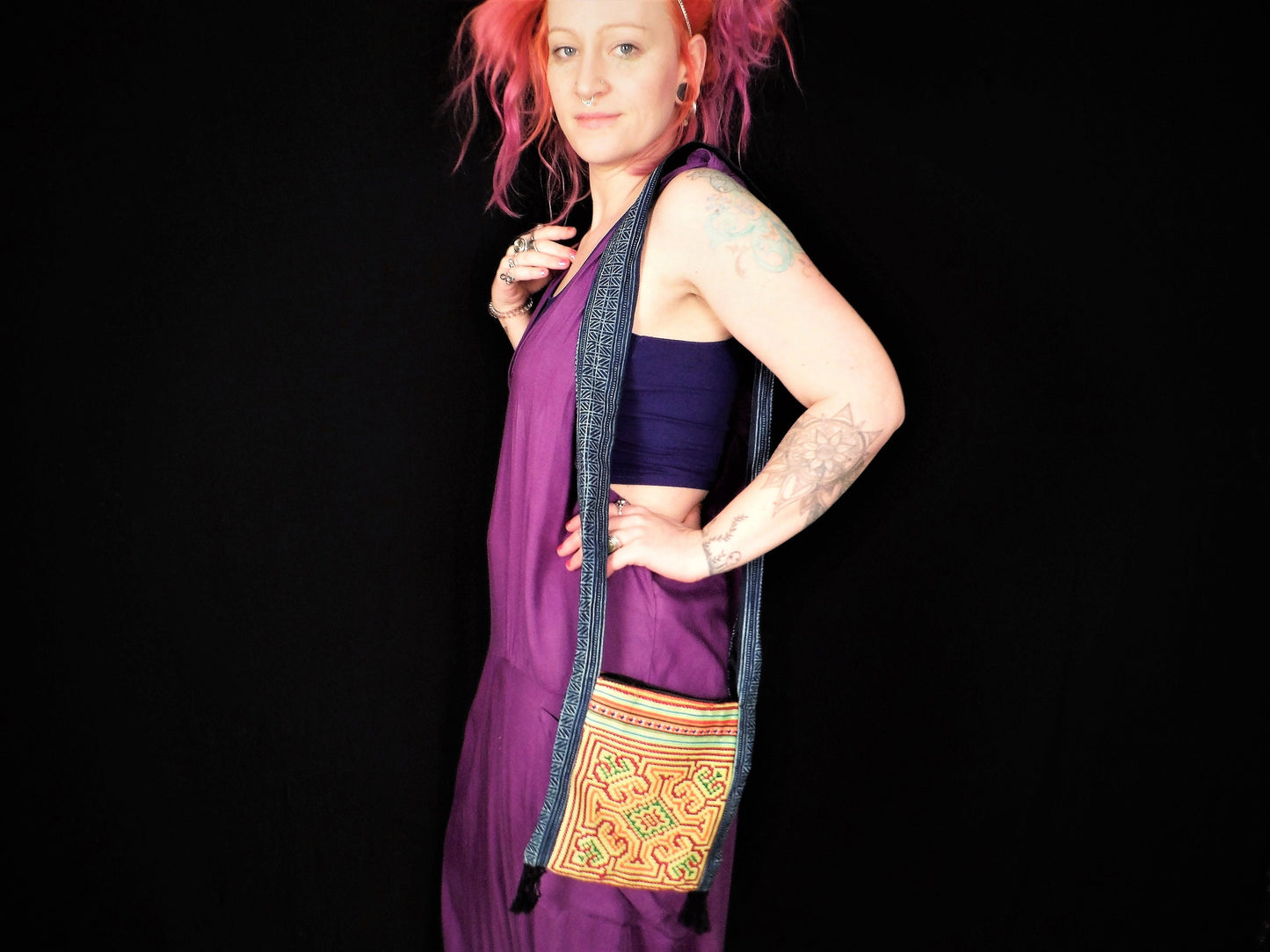 Bolso de hombro pequeño con punto de cruz y patchwork - Naranja