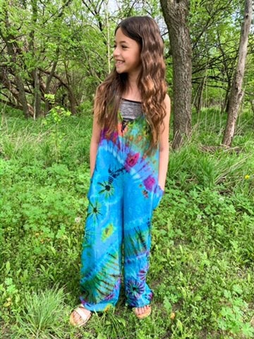 Children's Tie-Dye Dungarees - Moss Green Rainbow Age 3-4, 5-6, 7-8, 9-11 - Bare Canvas