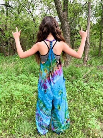 Children's Tie-Dye Dungarees - Indigo Blue Rainbow Age 3-4, 5-6, 7-8, 9-11, - Bare Canvas