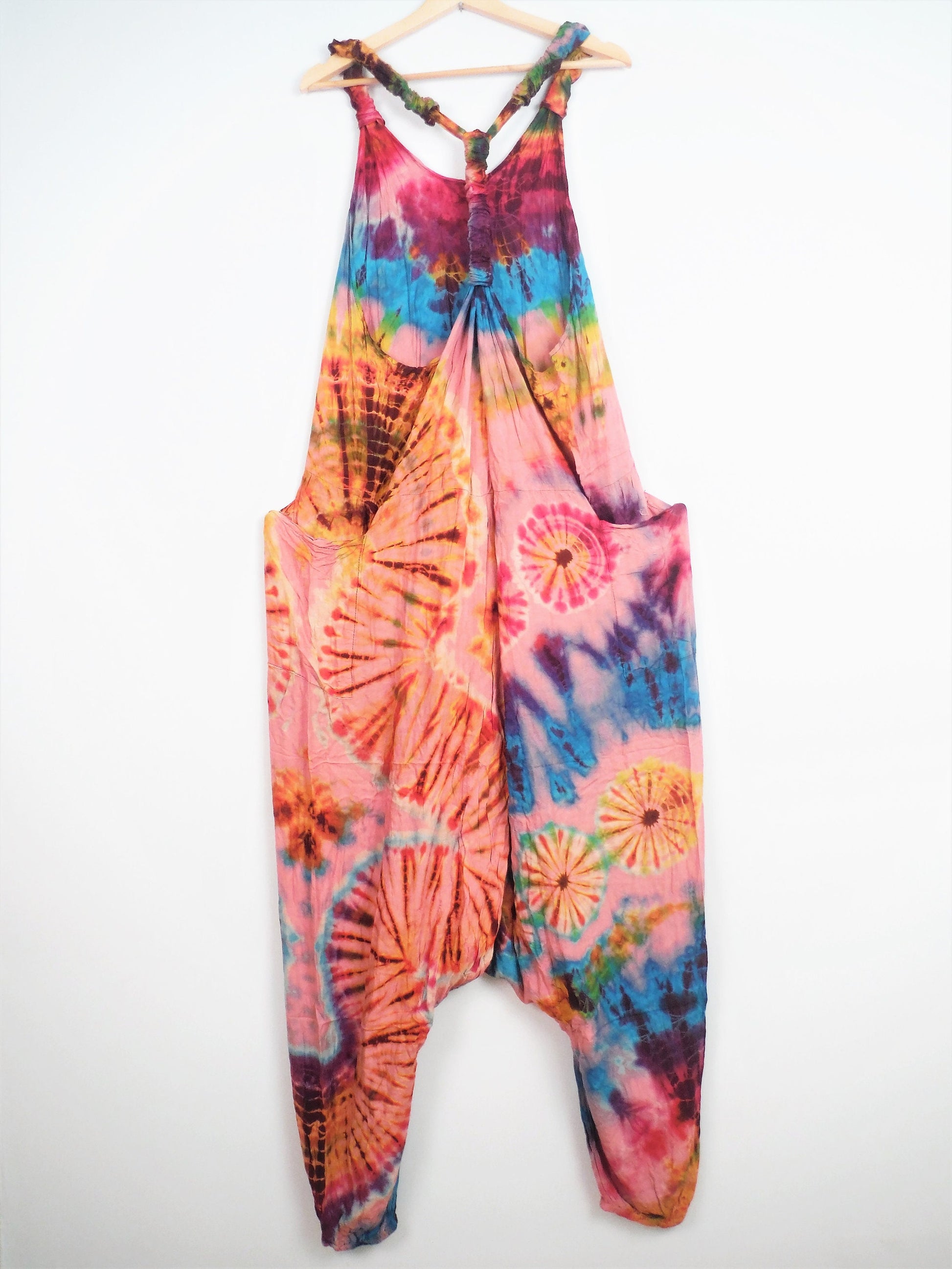 Tie-Dye Harem Dungarees - Baby Pink Rainbow - Bare Canvas