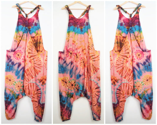 Tie-Dye Harem Dungarees - Baby Pink Rainbow - Bare Canvas