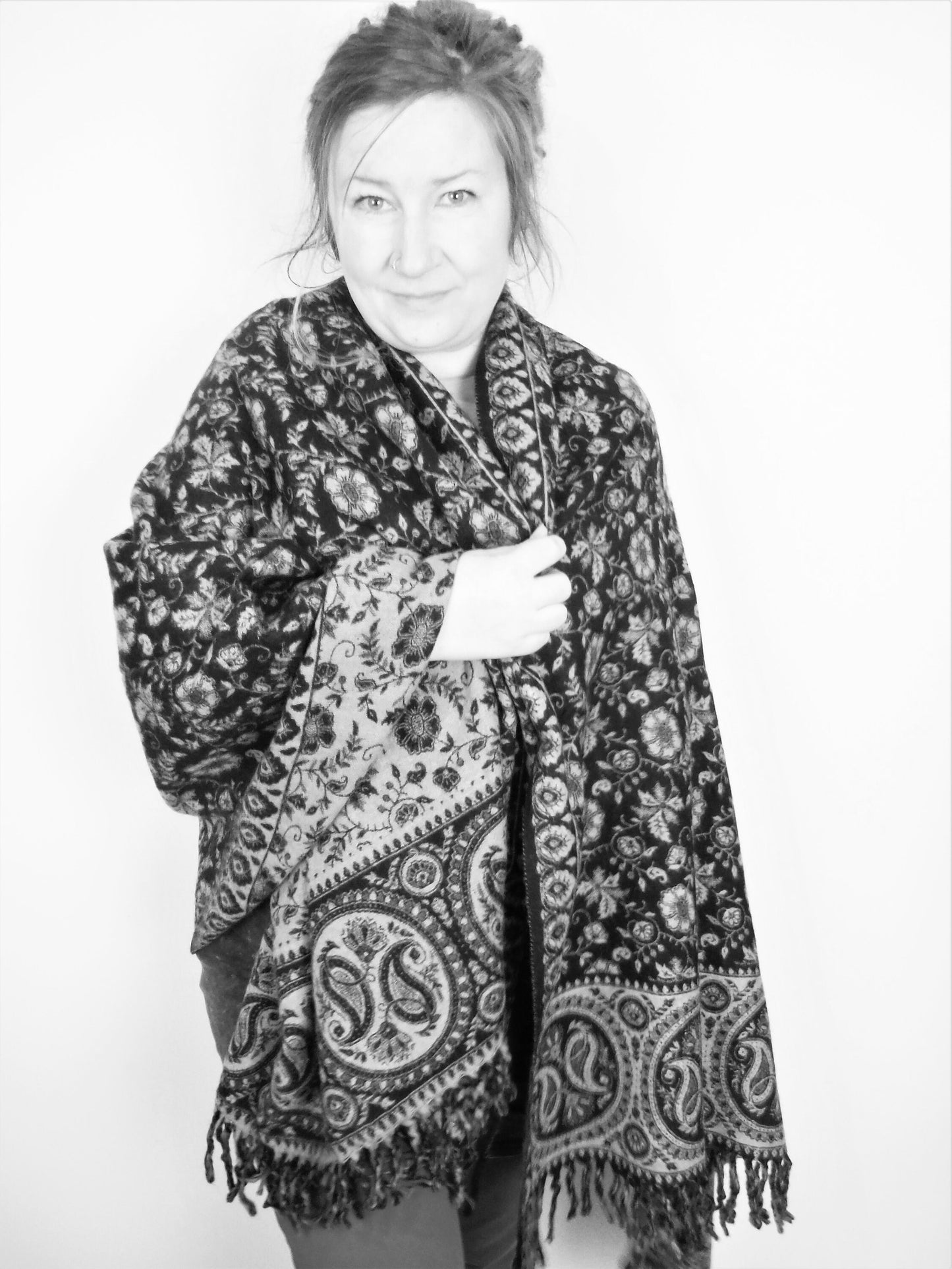 Blanket Scarf / Shawl / Throw - Black Orange and Pink Paisley