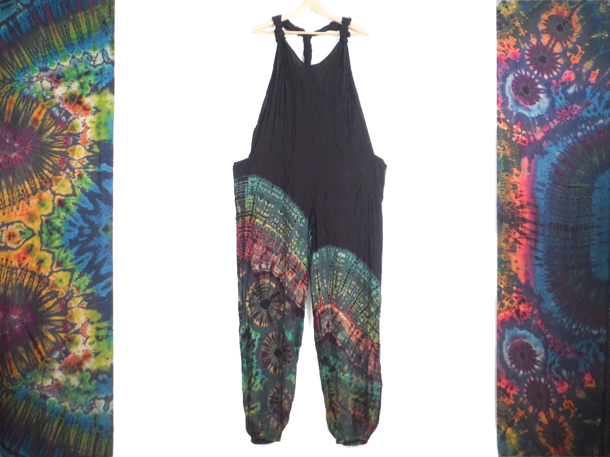 Half Tie-Dye Dungarees - Black and Forest Green - Bare Canvas