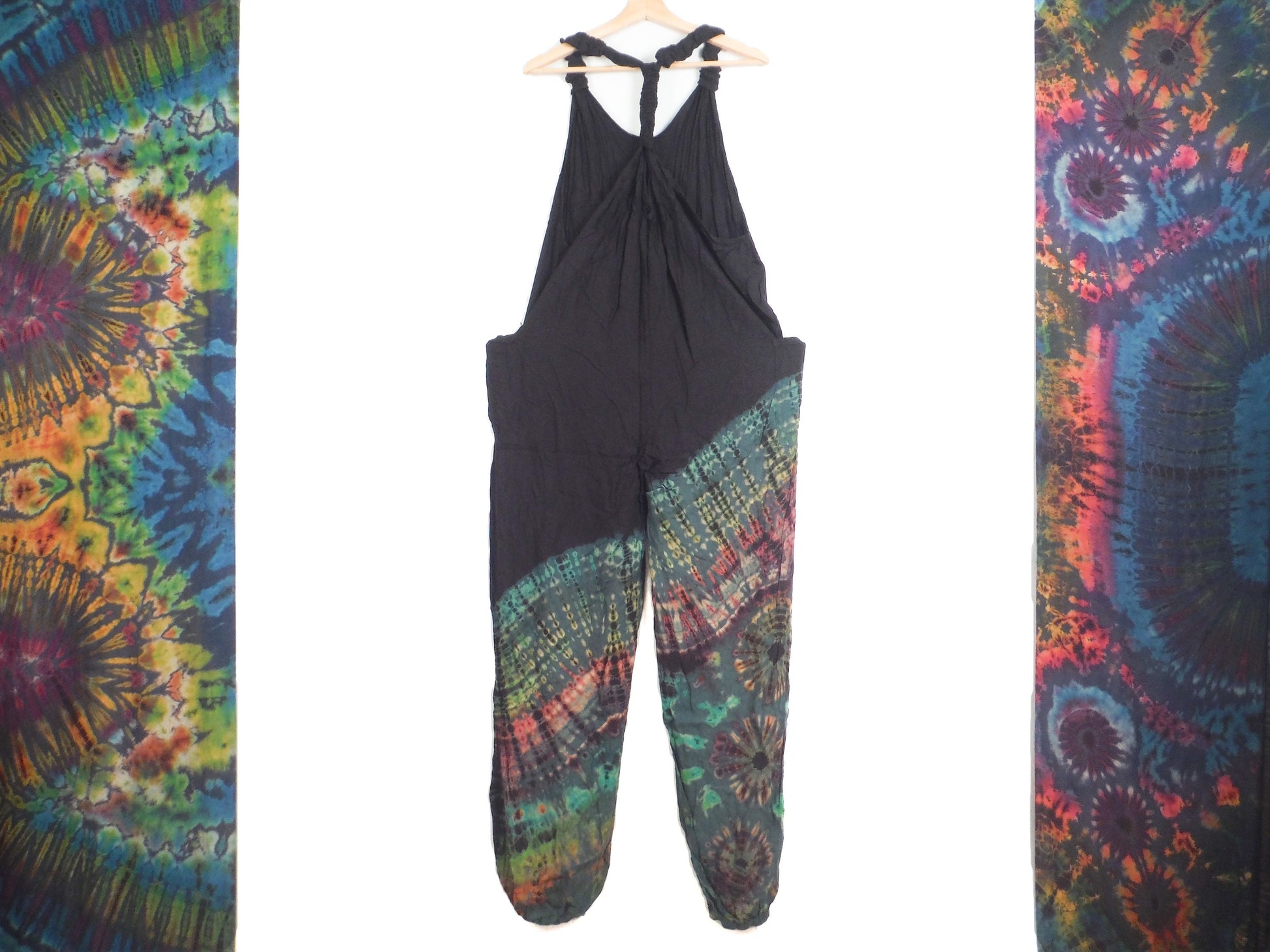 Half Tie-Dye Dungarees - Black and Forest Green - Bare Canvas