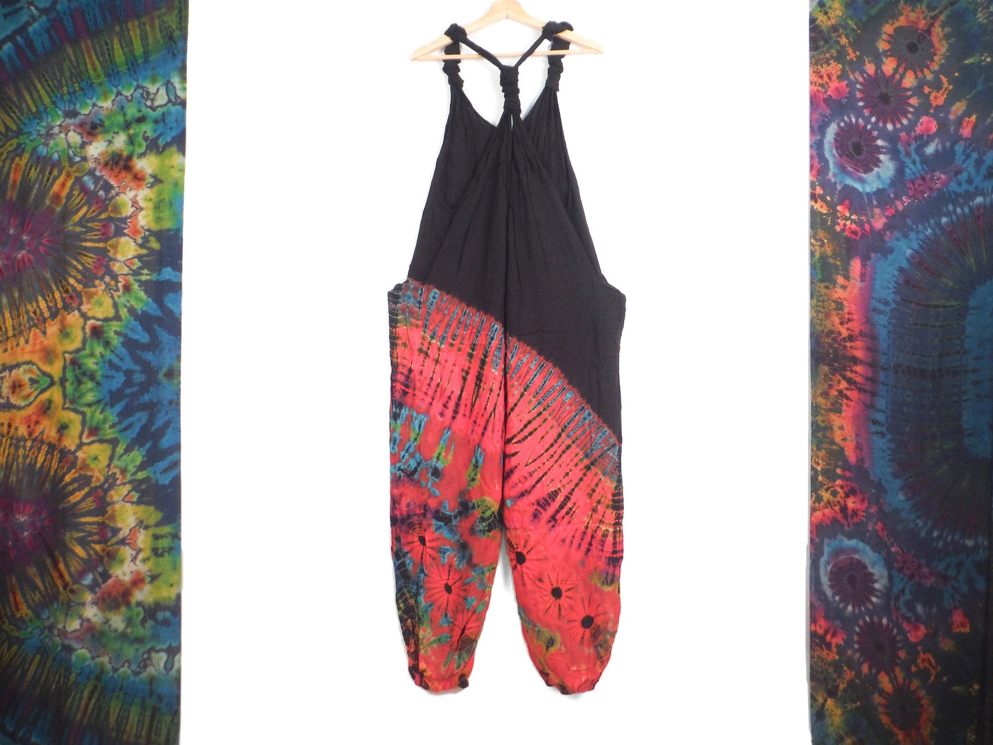 Half Tie-Dye Dungarees - Black and Bright Red