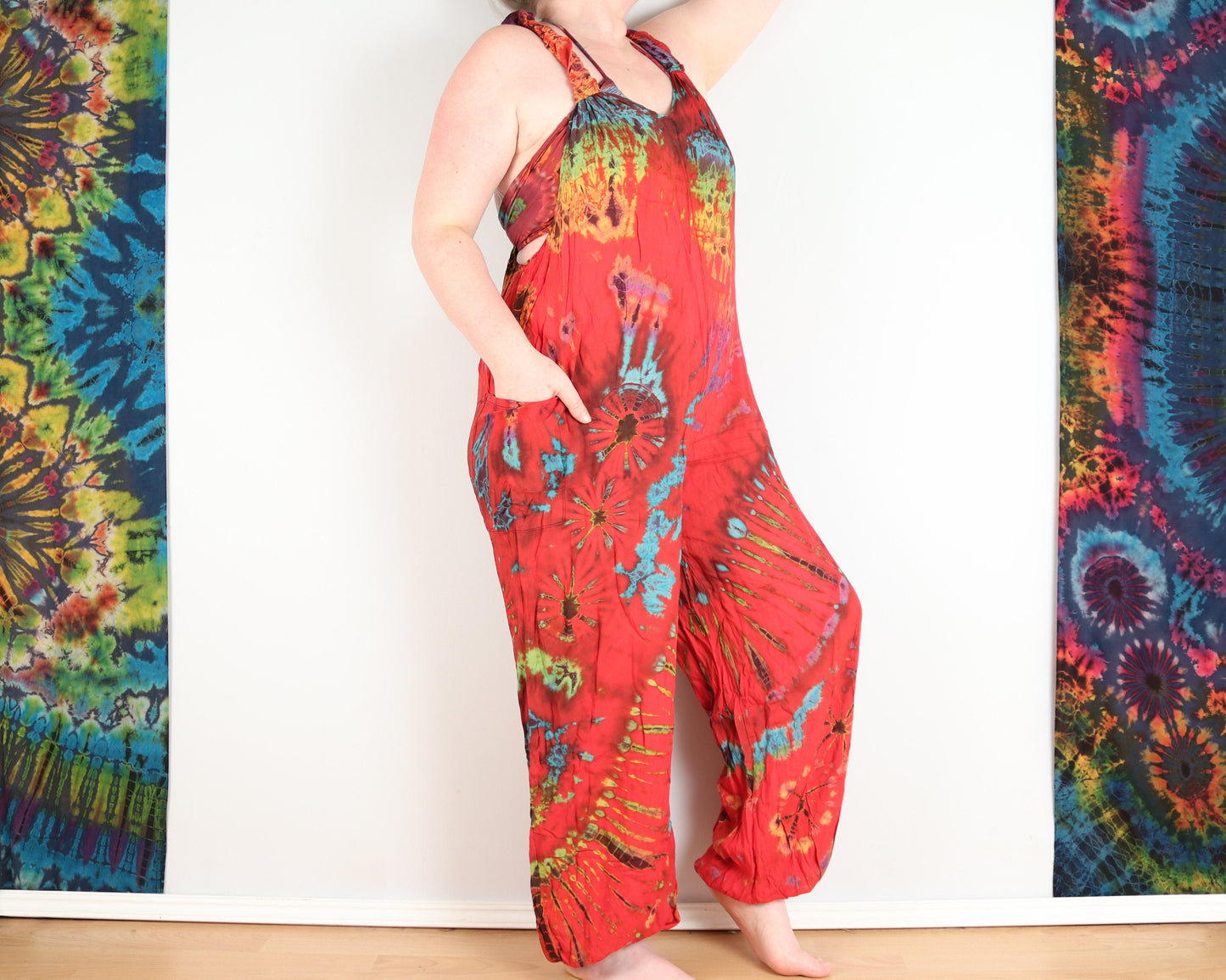 Tie-Dye Dungarees - Bright Red Rainbow
