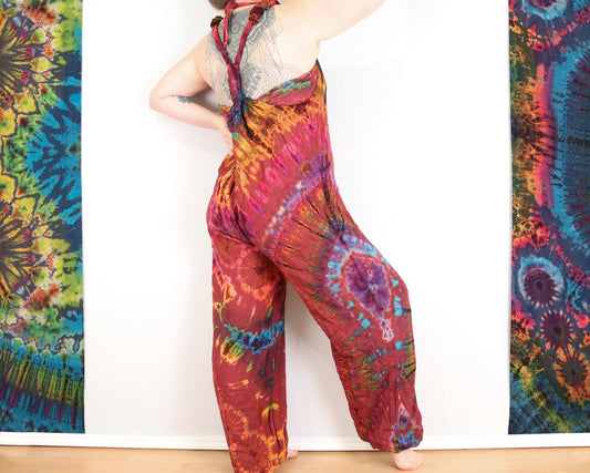 Tie Dye Dungarees - Ruby Red Rainbow - Bare Canvas