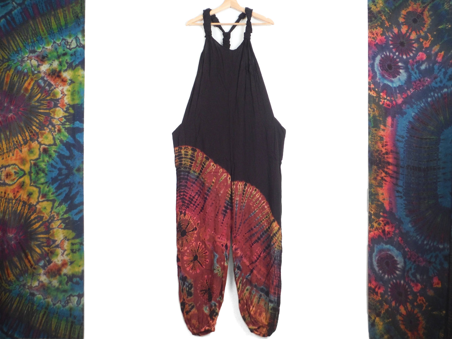 Half Tie-Dye Dungarees - Black and Ruby Red