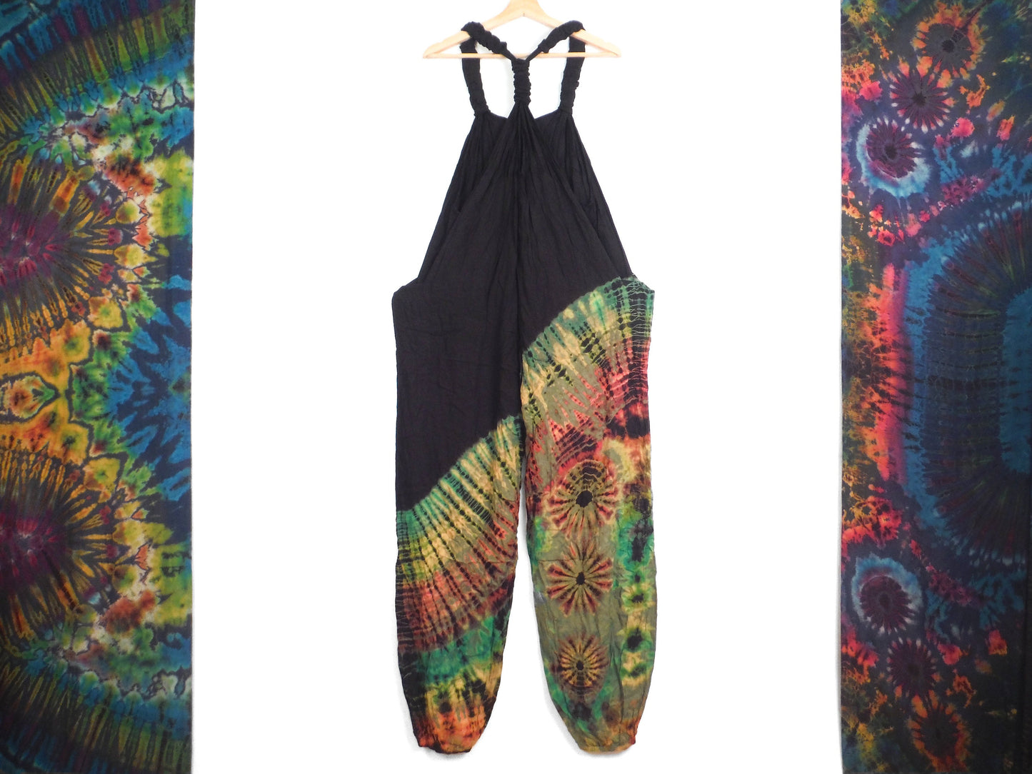 Half Tie-Dye Dungarees - Black and Moss Green