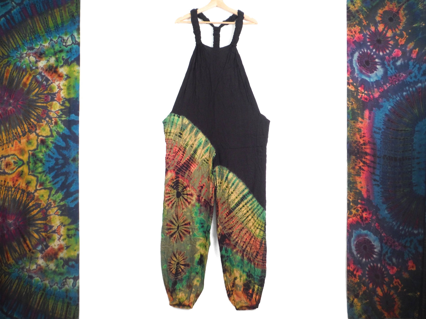 Half Tie-Dye Dungarees - Black and Moss Green