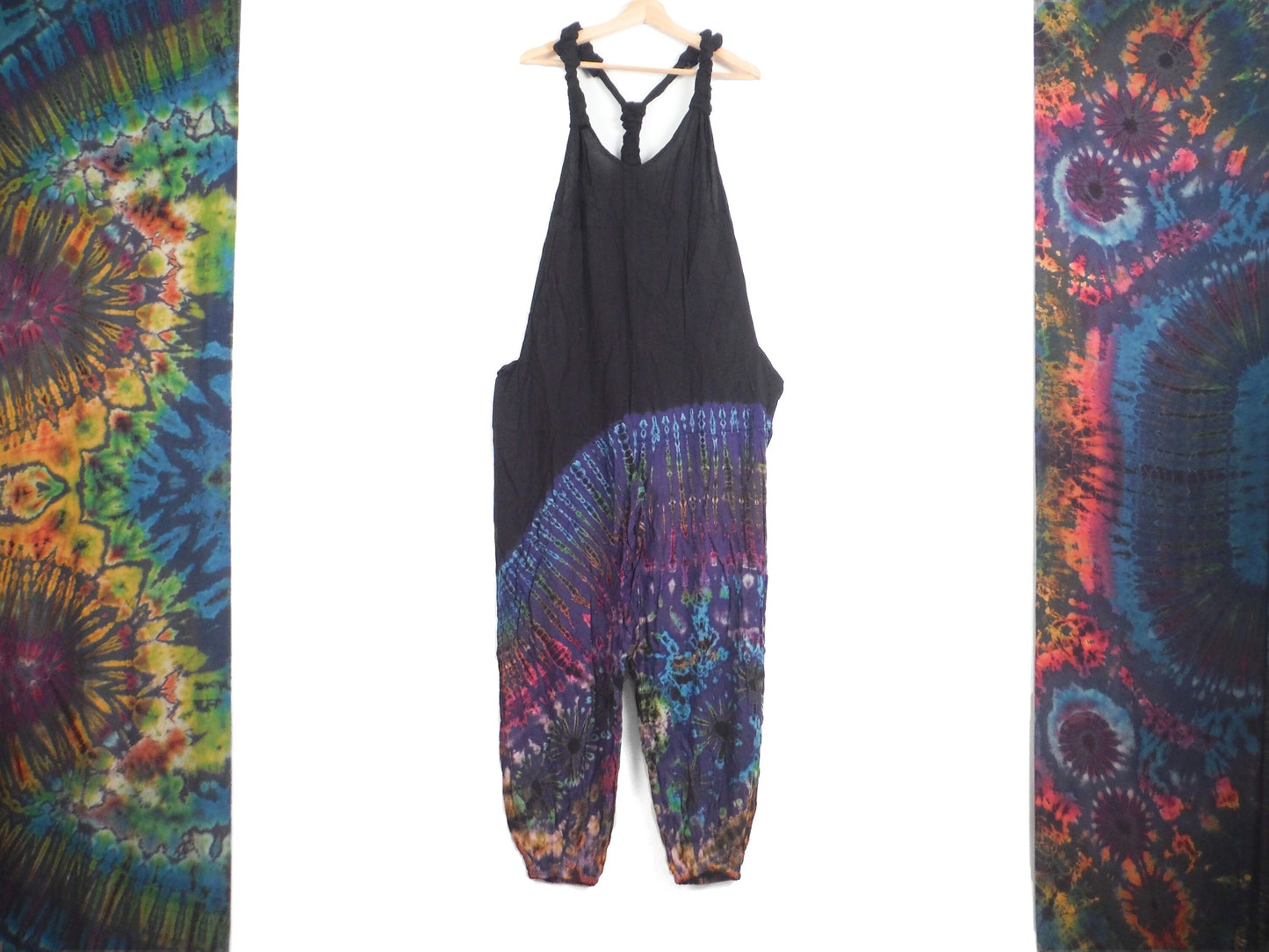 Half Tie-Dye Dungarees - Black and Mid Blue - Bare Canvas