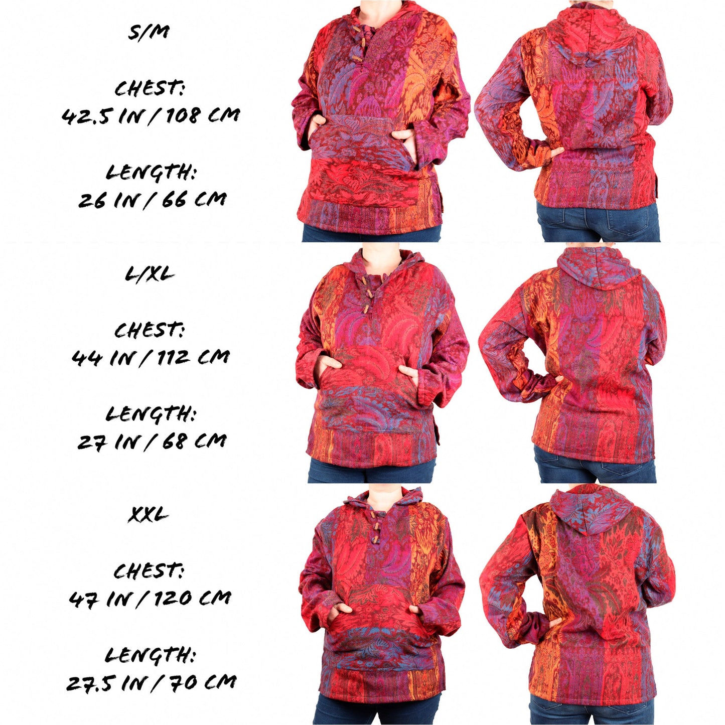 Blanket Hoodie - Blue Green and Red Indian Flowers - Bare Canvas