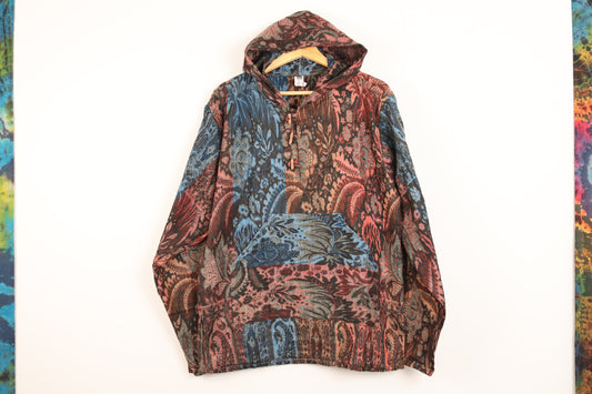 Blanket Hoodie - Blue Orange and Red Indian Flowers - Bare Canvas