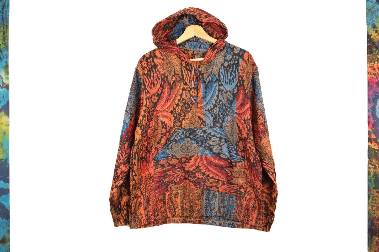 Blanket Hoodie - Blue and Orange Indian Flowers - Bare Canvas