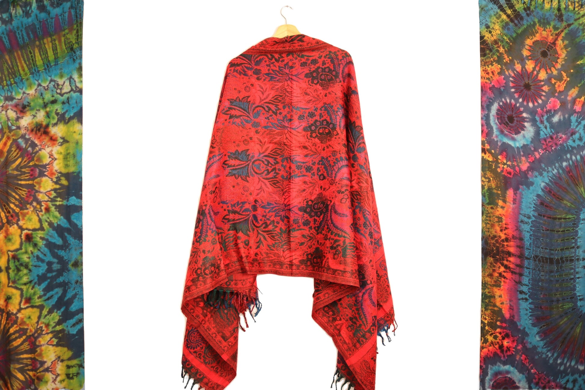 Blanket Scarf / Shawl / Throw - Red Black Blue and Green Indian Flower - Bare Canvas