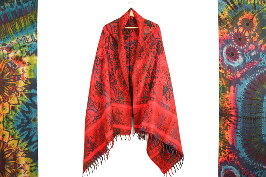Blanket Scarf / Shawl / Throw - Red Black Blue and Green Indian Flower - Bare Canvas