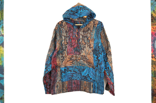 Blanket Hoodie - Blue Red and Yellow Indian Flowers - Bare Canvas