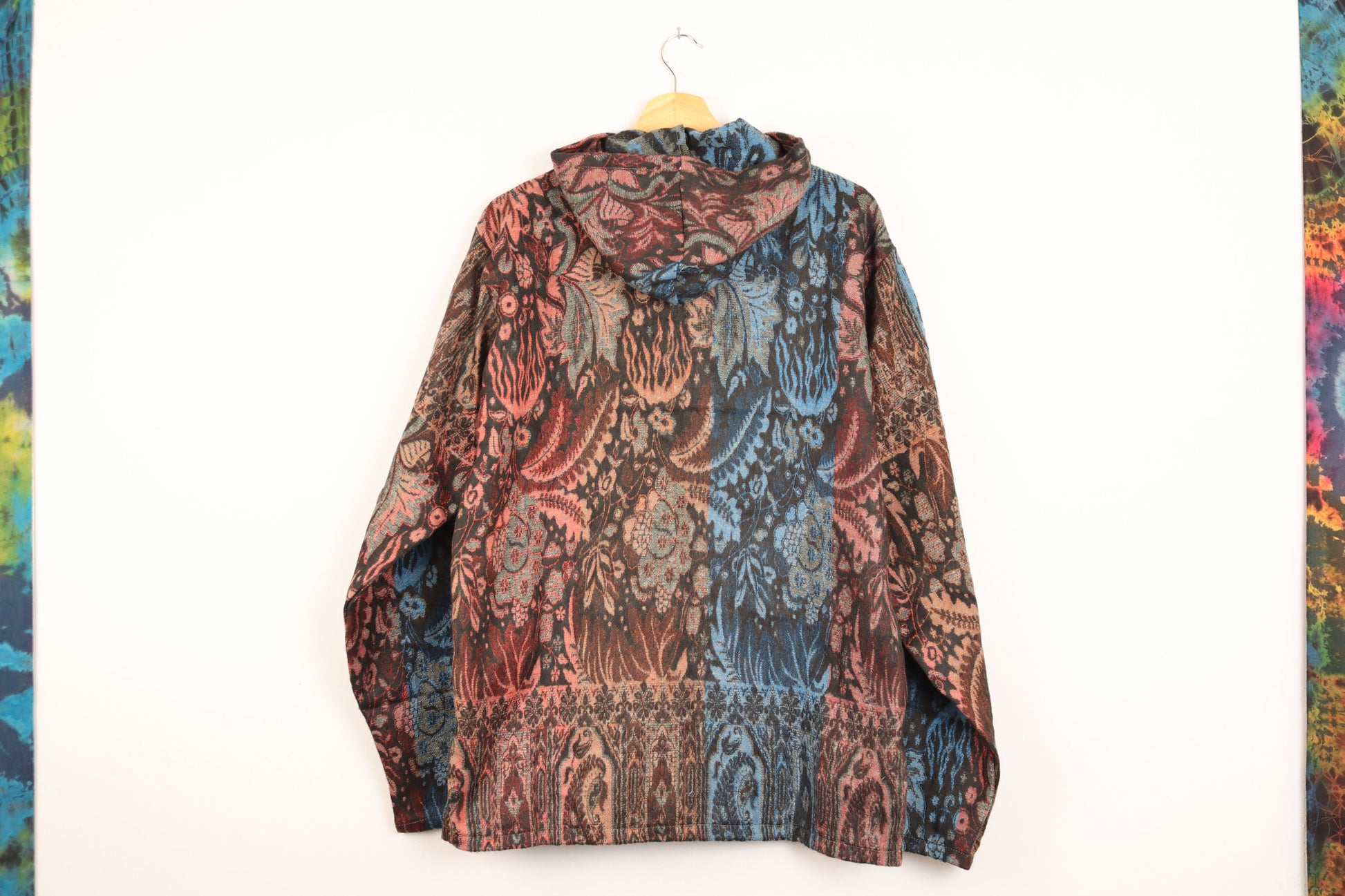 Blanket Hoodie - Blue Orange and Red Indian Flowers - Bare Canvas