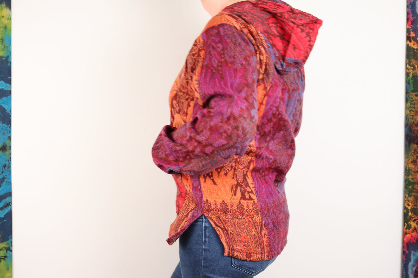 Blanket Hoodie - Burgundy Red Purple and Orange Indian Flowers - Bare Canvas