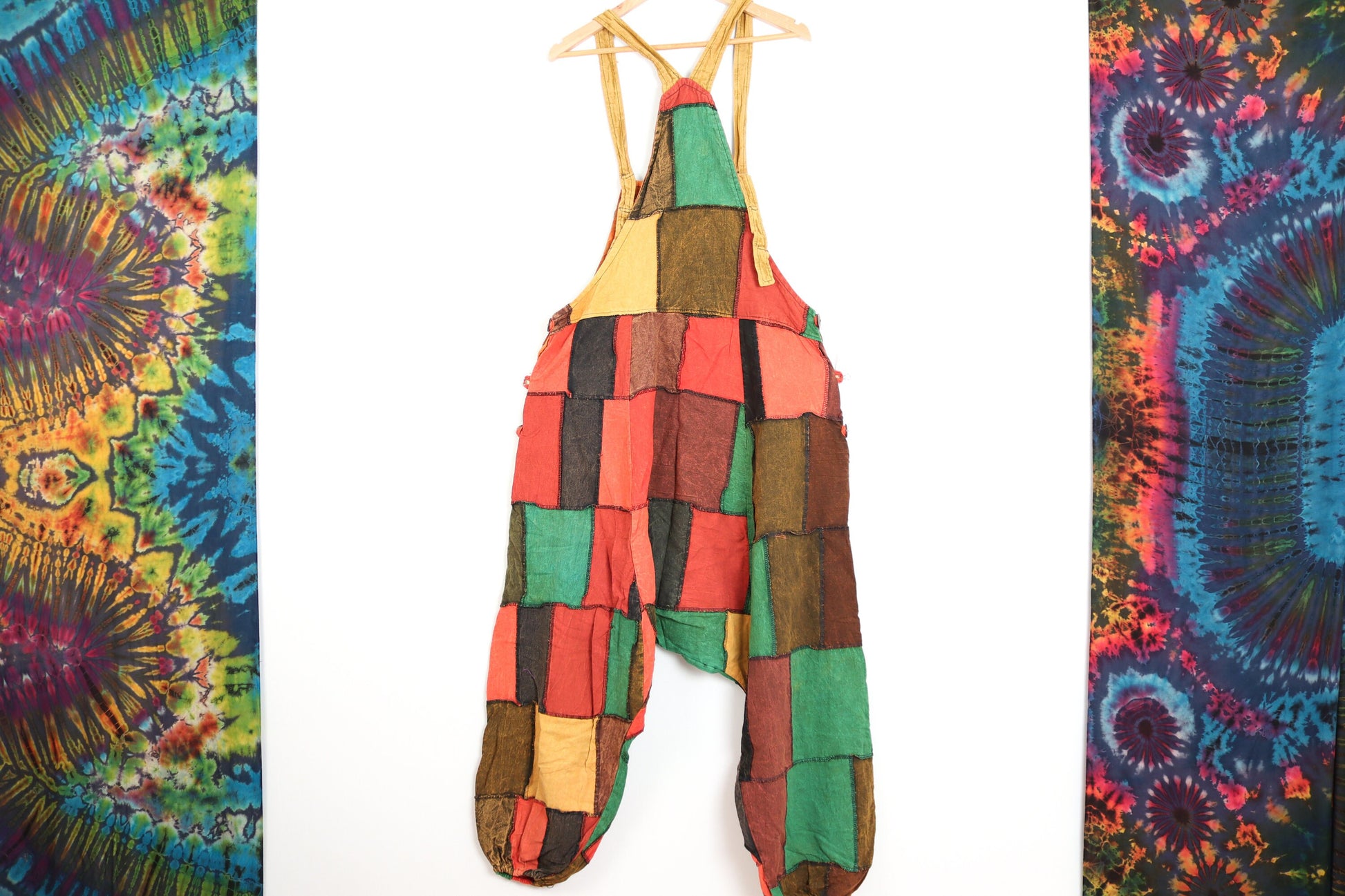 Patchwork Harem Dungarees  - Orange Green Yellow and Brown - Bare Canvas