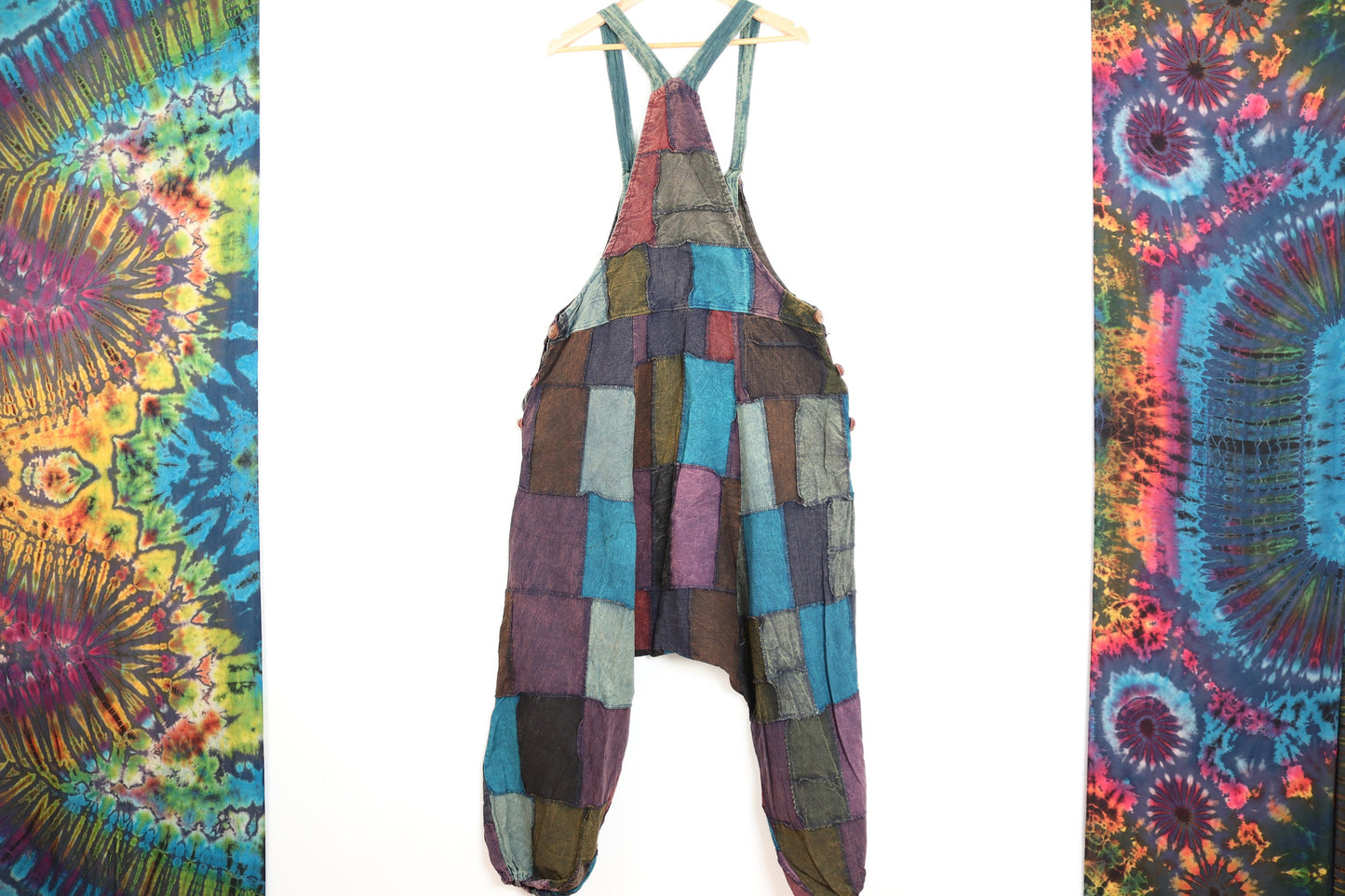 Patchwork Harem Dungarees - Purple Blue and Burgundy - Bare Canvas
