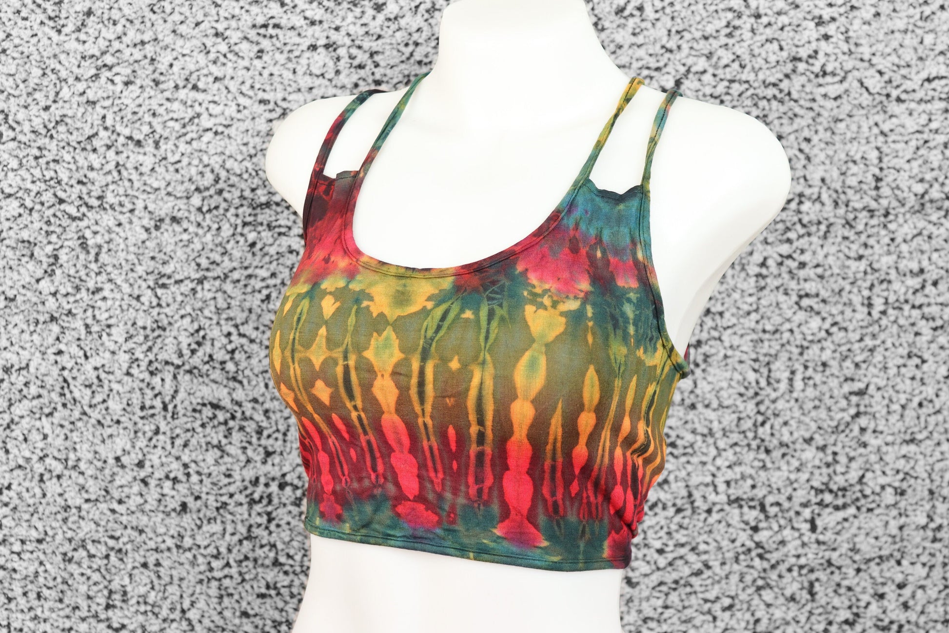 Tie-Dye Cross Back Crop Top - Moss Green Red and Yellow - Bare Canvas