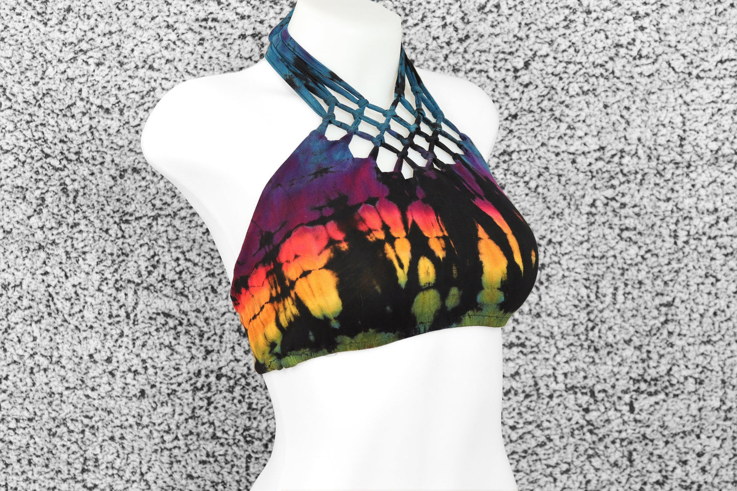 Tie-Dye Lattice Halter Neck Bikini Top - Green Red and Yellow - Bare Canvas