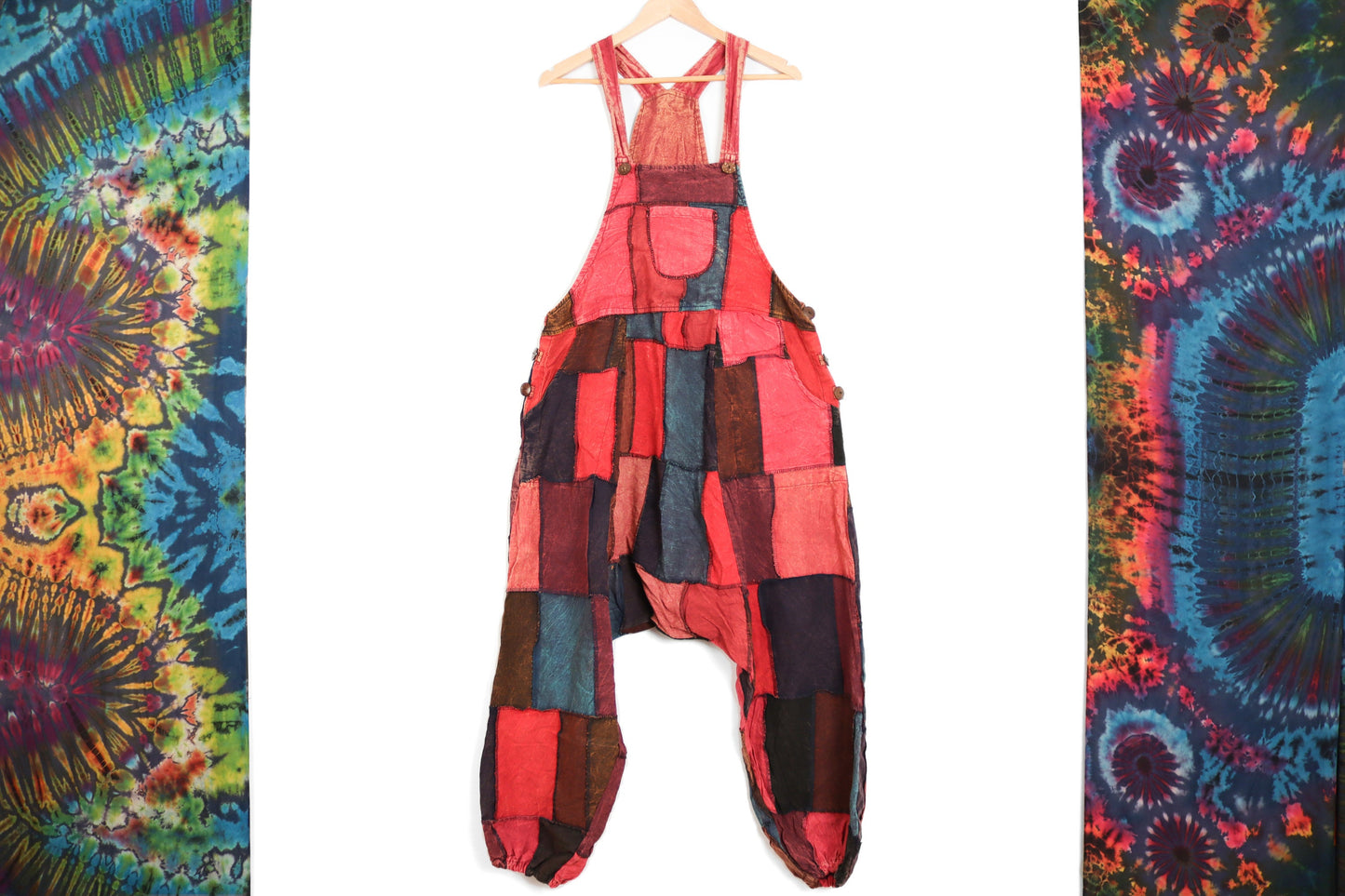 Patchwork Harem Dungarees - Red Blue and Brown - Bare Canvas
