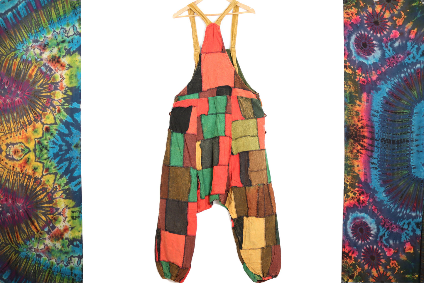 Patchwork Harem Dungarees - Orange Green Yellow and Brown - Bare Canvas