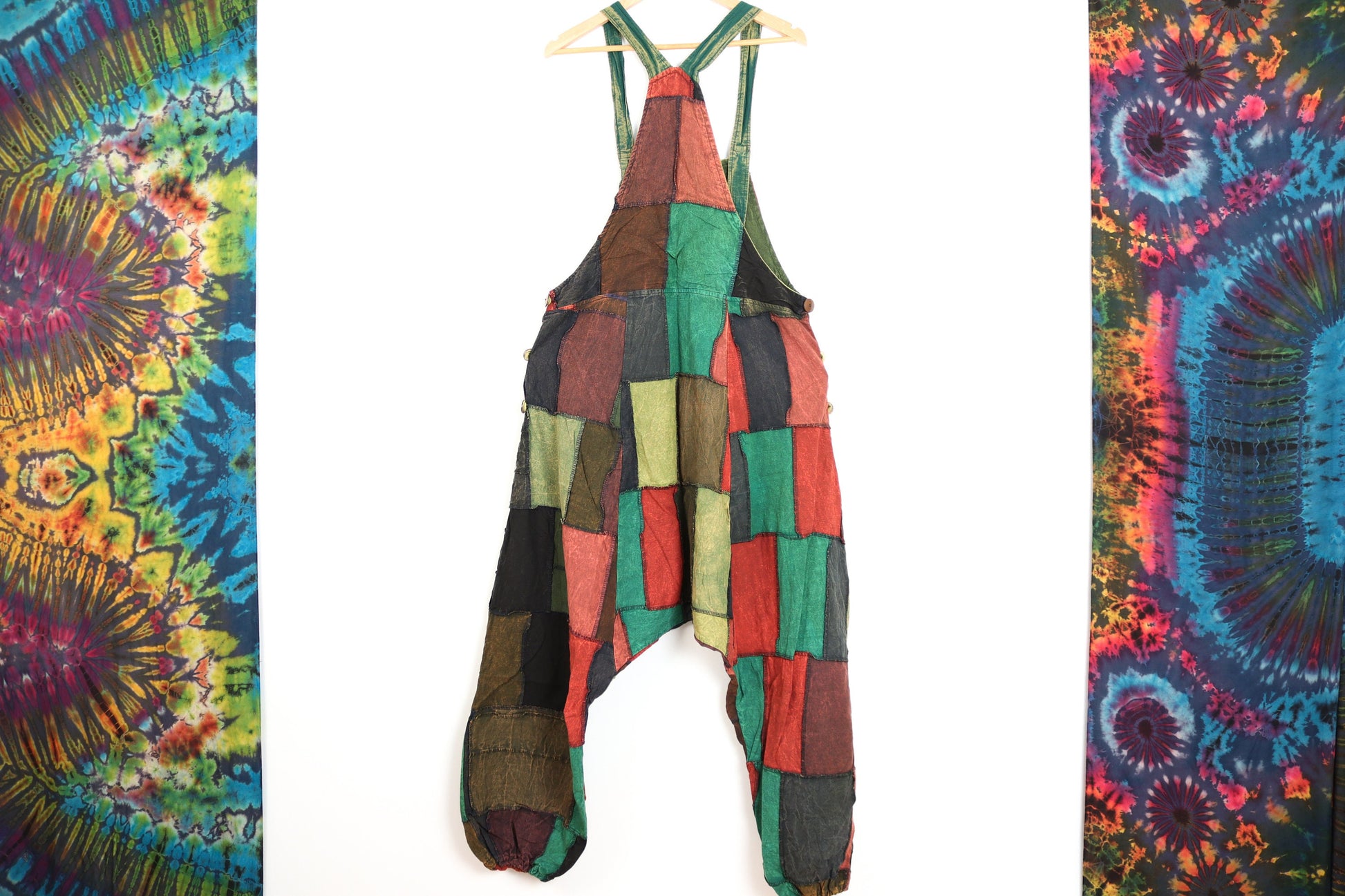 Patchwork Harem Dungarees - Green Red and Brown - Bare Canvas