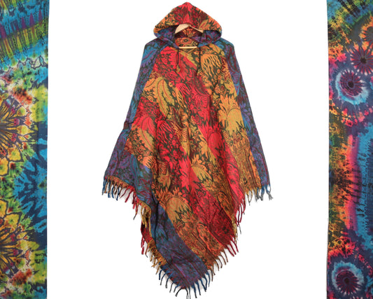 Hooded Blanket Poncho - Red Orange Green and Blue Indian Flowers - Bare Canvas