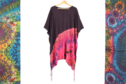 Short Summer Poncho Dress / Top - Half Tie-Dye Black and Hot Pink